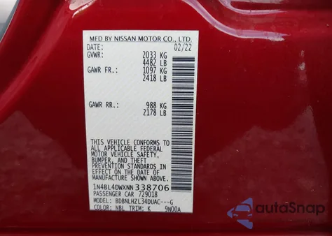 2022 Nissan Altima Sv Intelligent Awd from USA, damaged, VIN 1N4BL4DWXNN338706